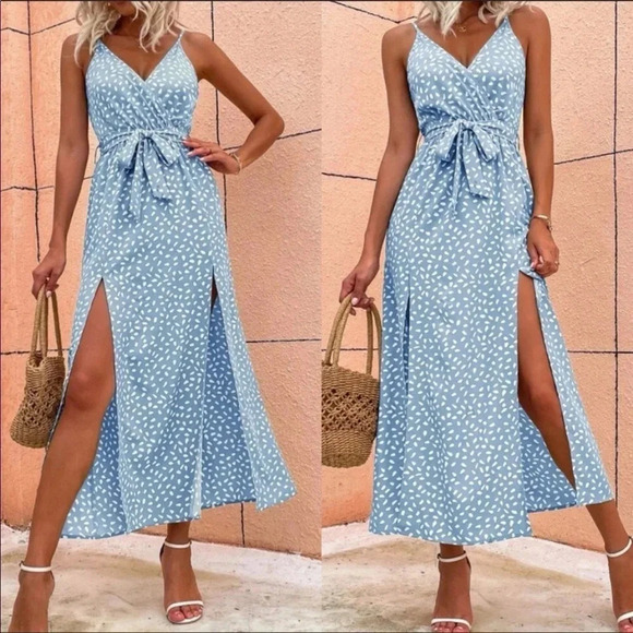 Baby Blue Boho Floral Midi Dress | Summer Wrap Dress with Tie Waist & Slit - Picture 2 of 3